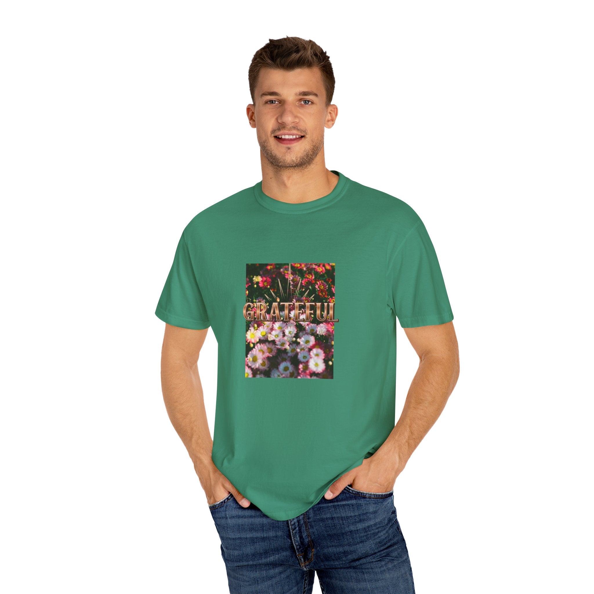 Unisex Garment-Dyed T-shirt with 'Grateful' Floral Design, Casual Gift, Boho Style, Birthday Wear, Positive Vibes