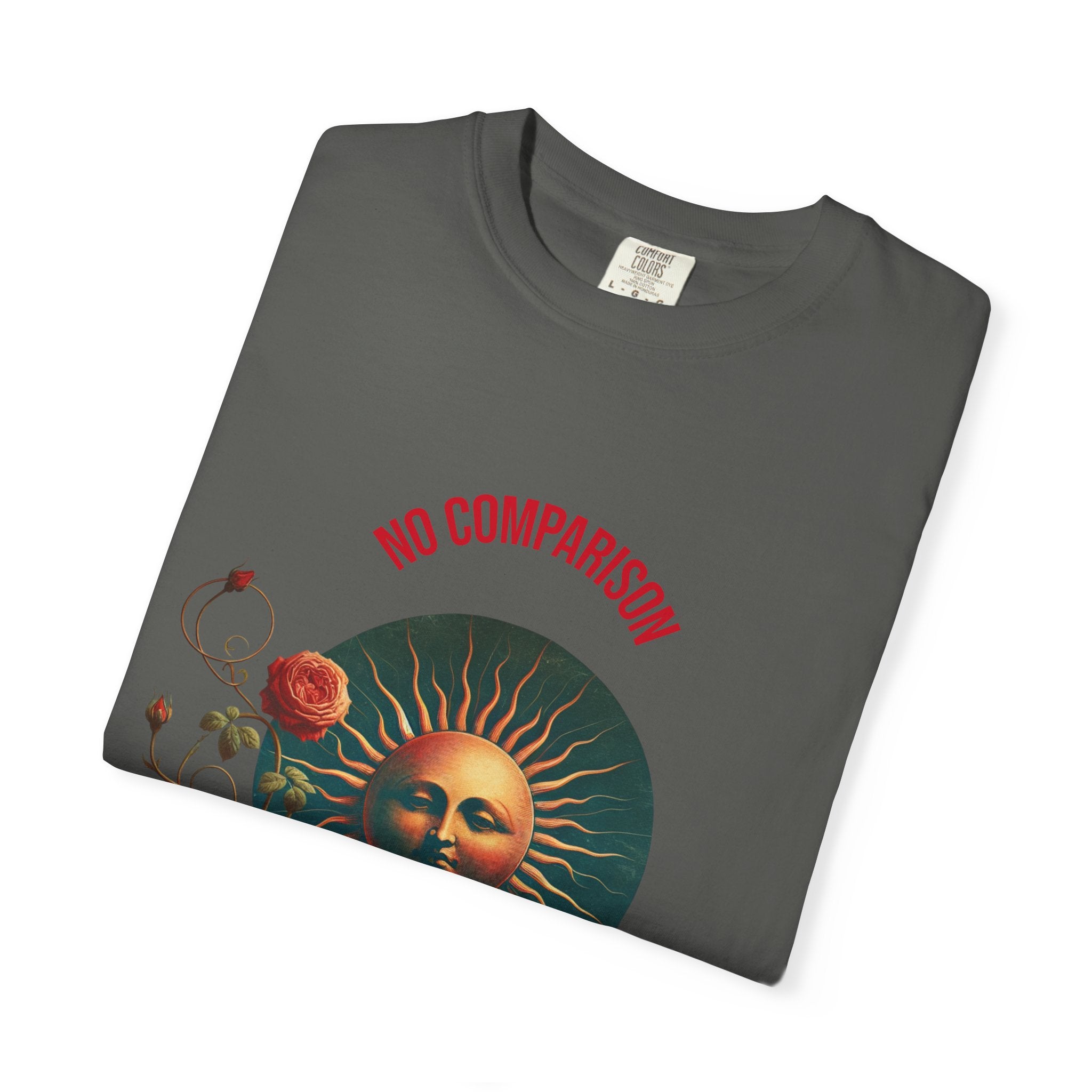 Garment-Dyed T-Shirt with Sun and Roses Design, Boho Tee, Vintage Style, Gift for Her, Casual Wear, Summer Fashion