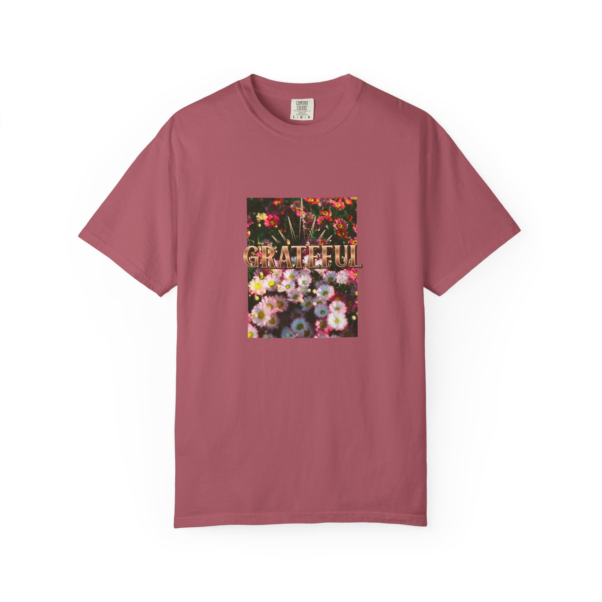 Unisex Garment-Dyed T-shirt with 'Grateful' Floral Design, Casual Gift, Boho Style, Birthday Wear, Positive Vibes