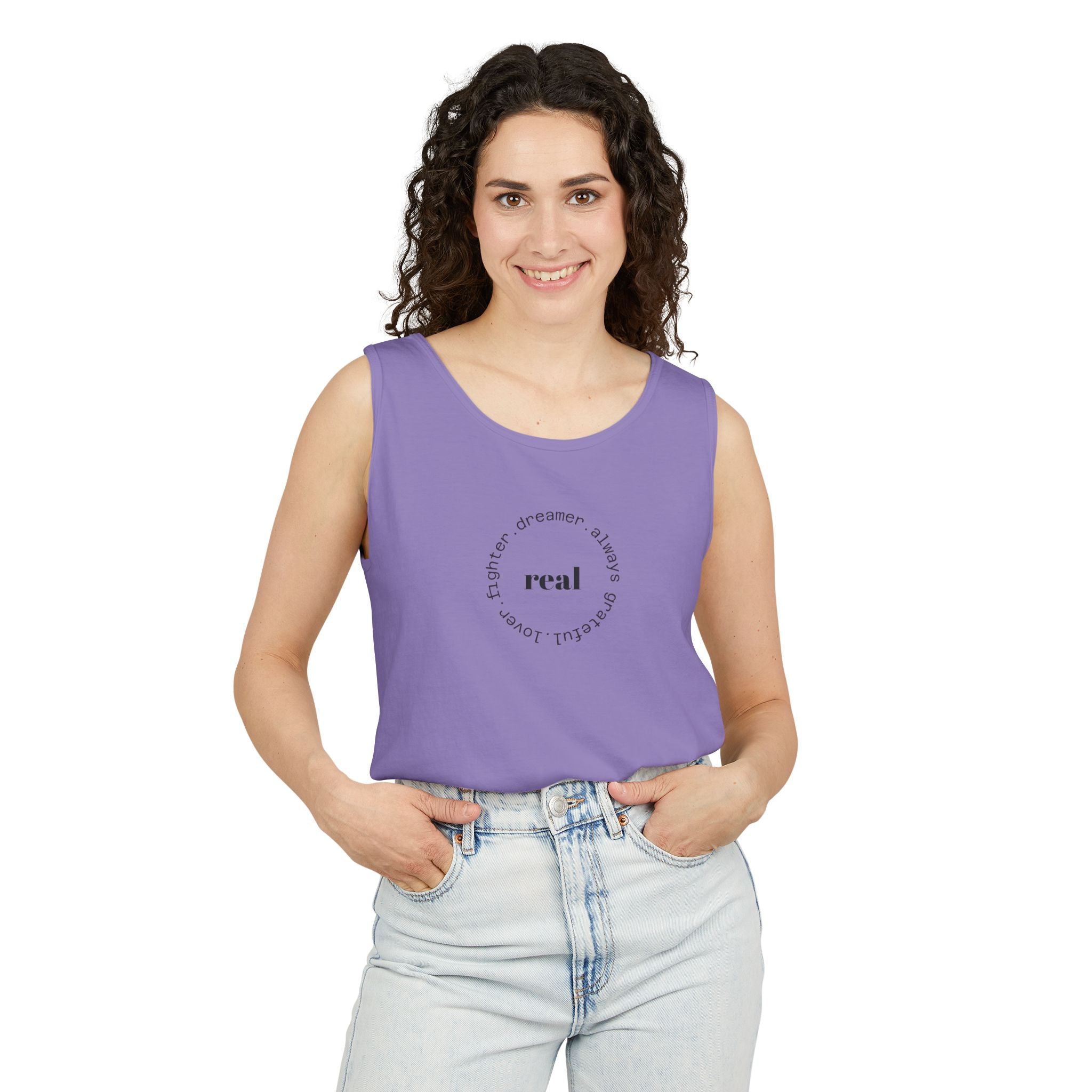 Garment-Dyed Tank Top with 'Real' Design, Summer Wear, Casual Shirt, Holiday Gift, Layering Essential, Positive Vibes
