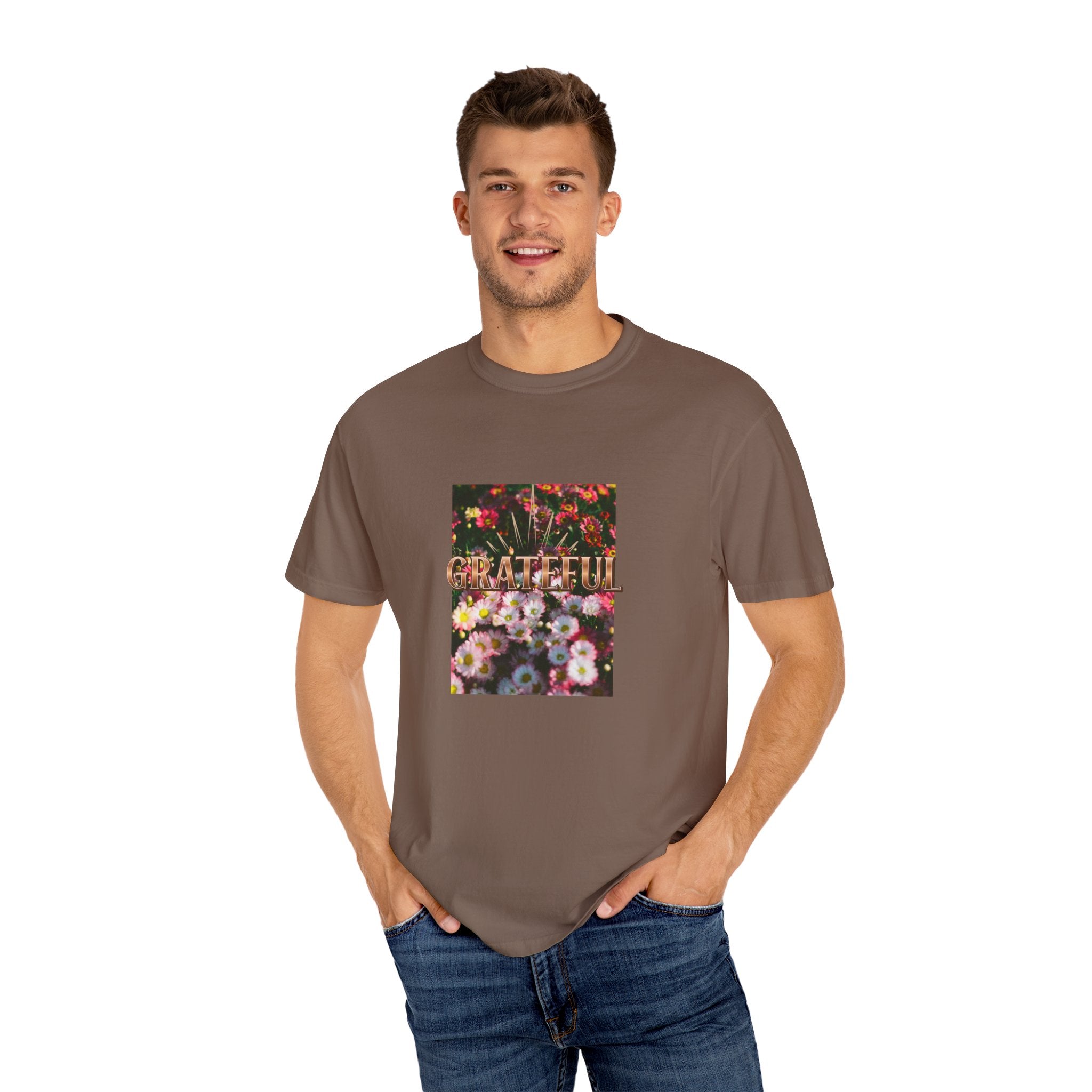 Unisex Garment-Dyed T-shirt with 'Grateful' Floral Design, Casual Gift, Boho Style, Birthday Wear, Positive Vibes