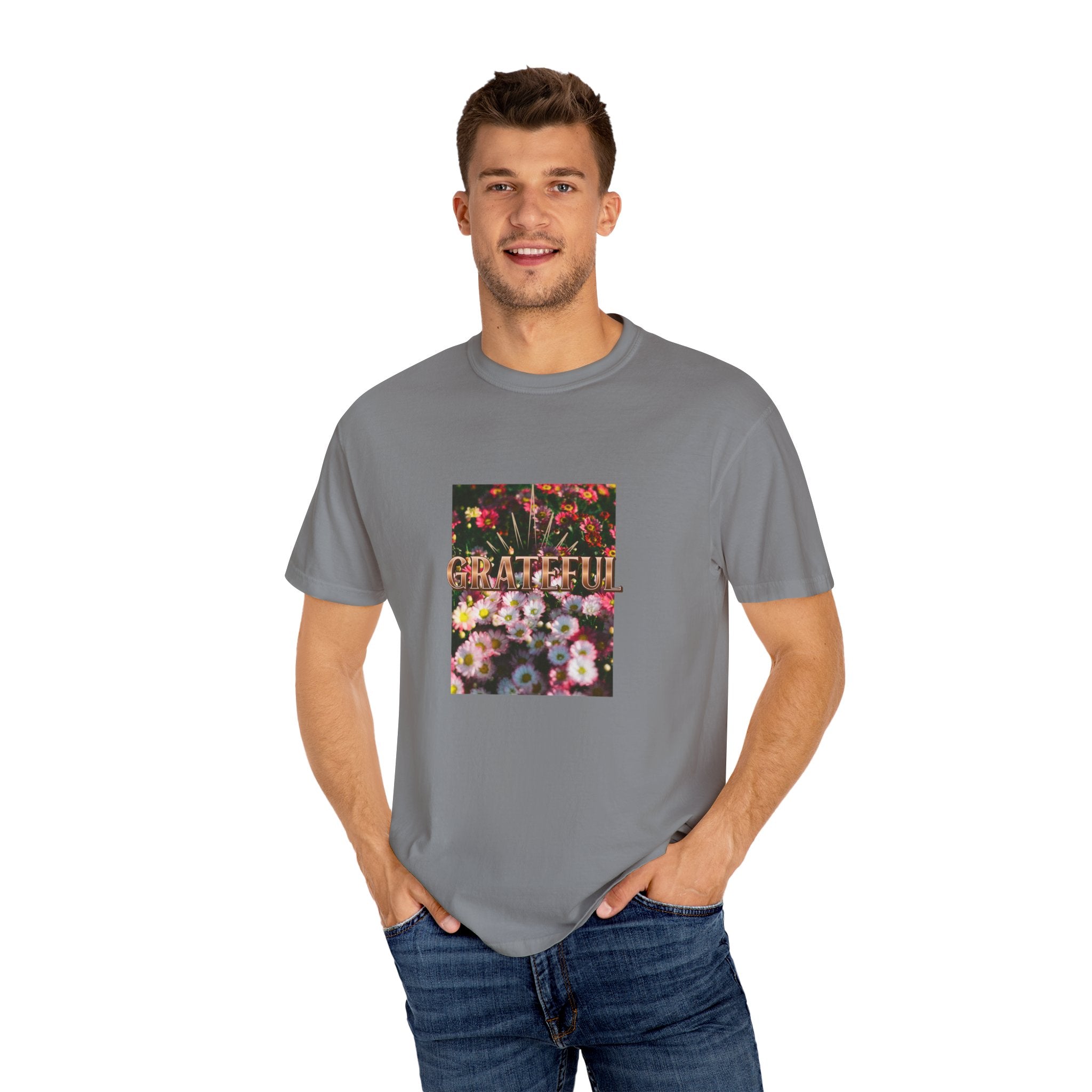 Unisex Garment-Dyed T-shirt with 'Grateful' Floral Design, Casual Gift, Boho Style, Birthday Wear, Positive Vibes