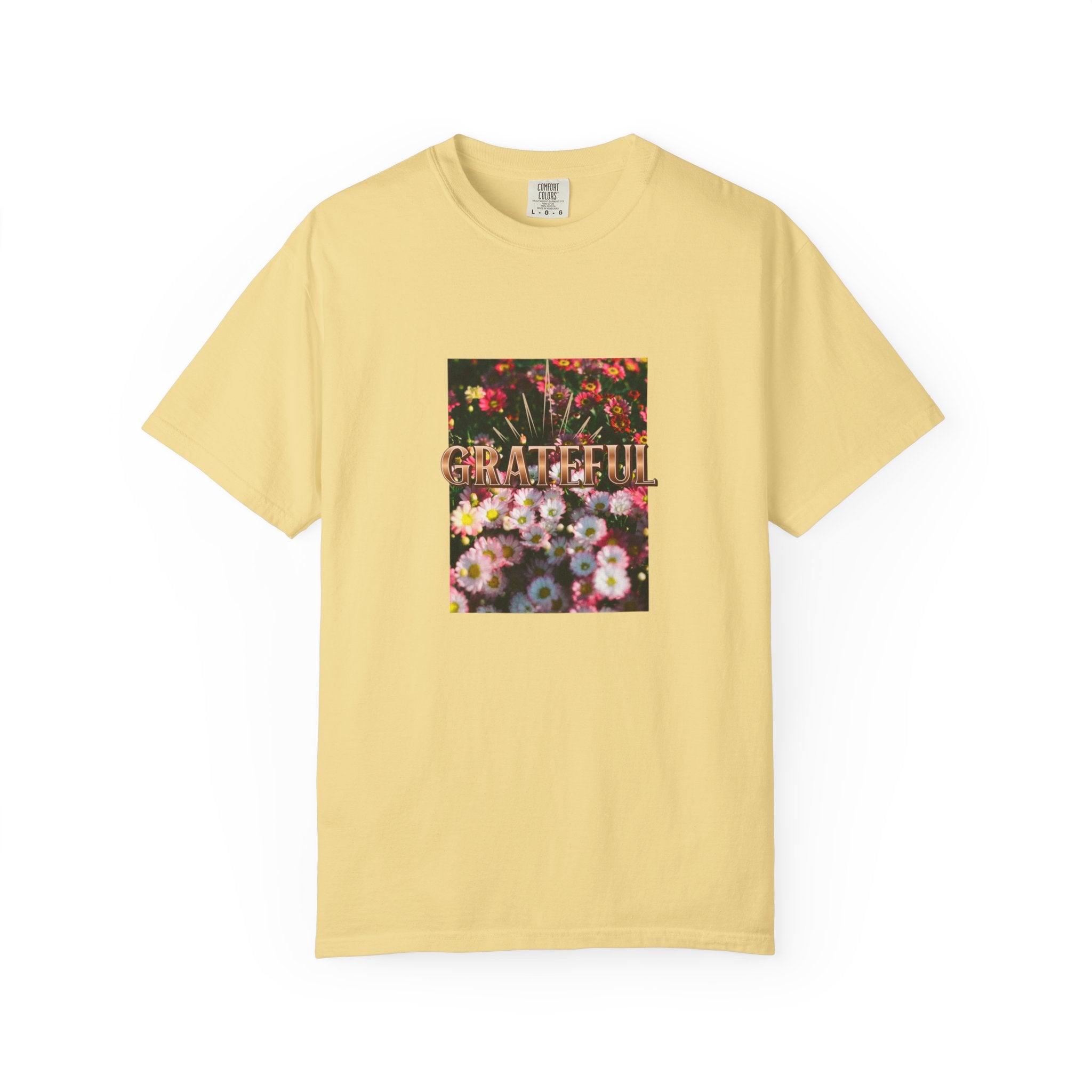 Unisex Garment-Dyed T-shirt with 'Grateful' Floral Design, Casual Gift, Boho Style, Birthday Wear, Positive Vibes