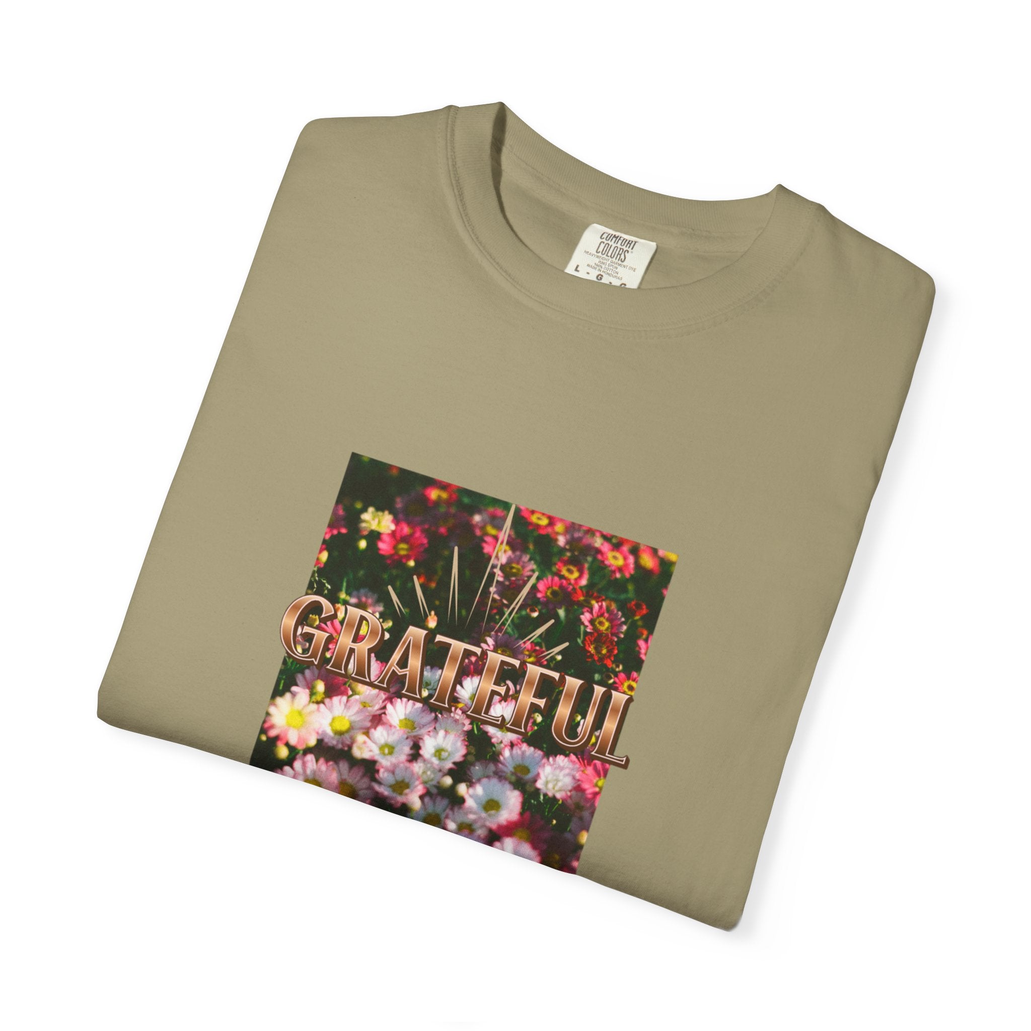 Unisex Garment-Dyed T-shirt with 'Grateful' Floral Design, Casual Gift, Boho Style, Birthday Wear, Positive Vibes