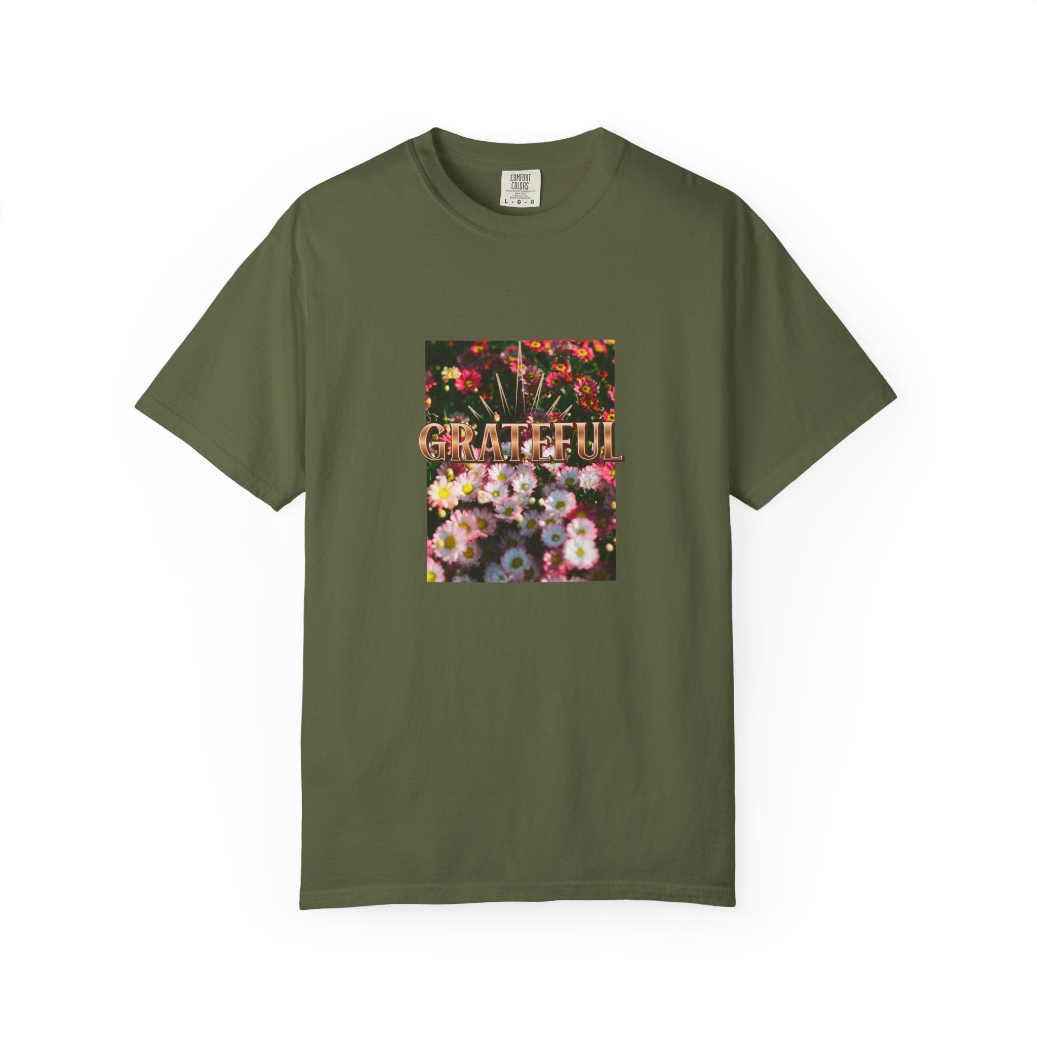 Unisex Garment-Dyed T-shirt with 'Grateful' Floral Design, Casual Gift, Boho Style, Birthday Wear, Positive Vibes