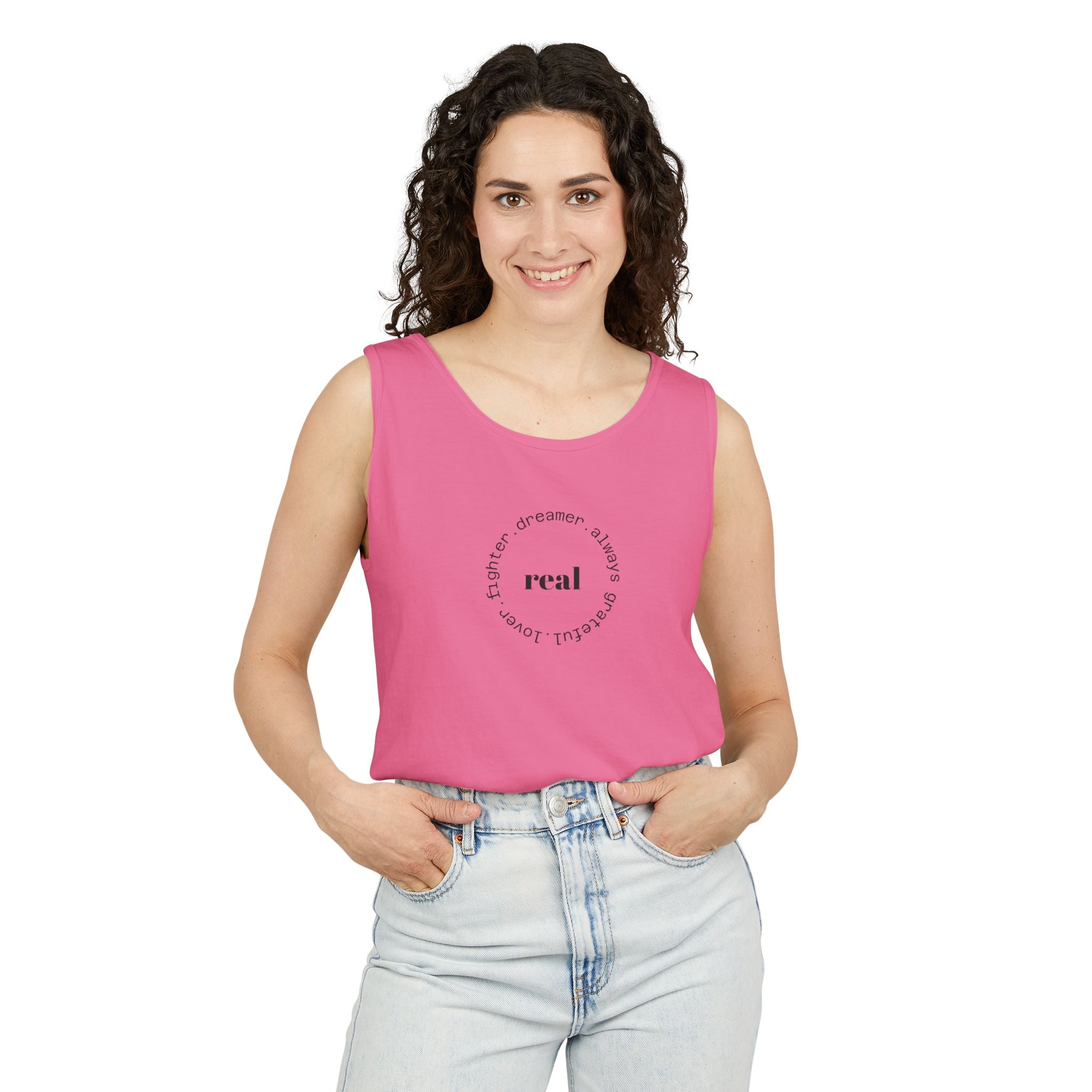 Garment-Dyed Tank Top with 'Real' Design, Summer Wear, Casual Shirt, Holiday Gift, Layering Essential, Positive Vibes