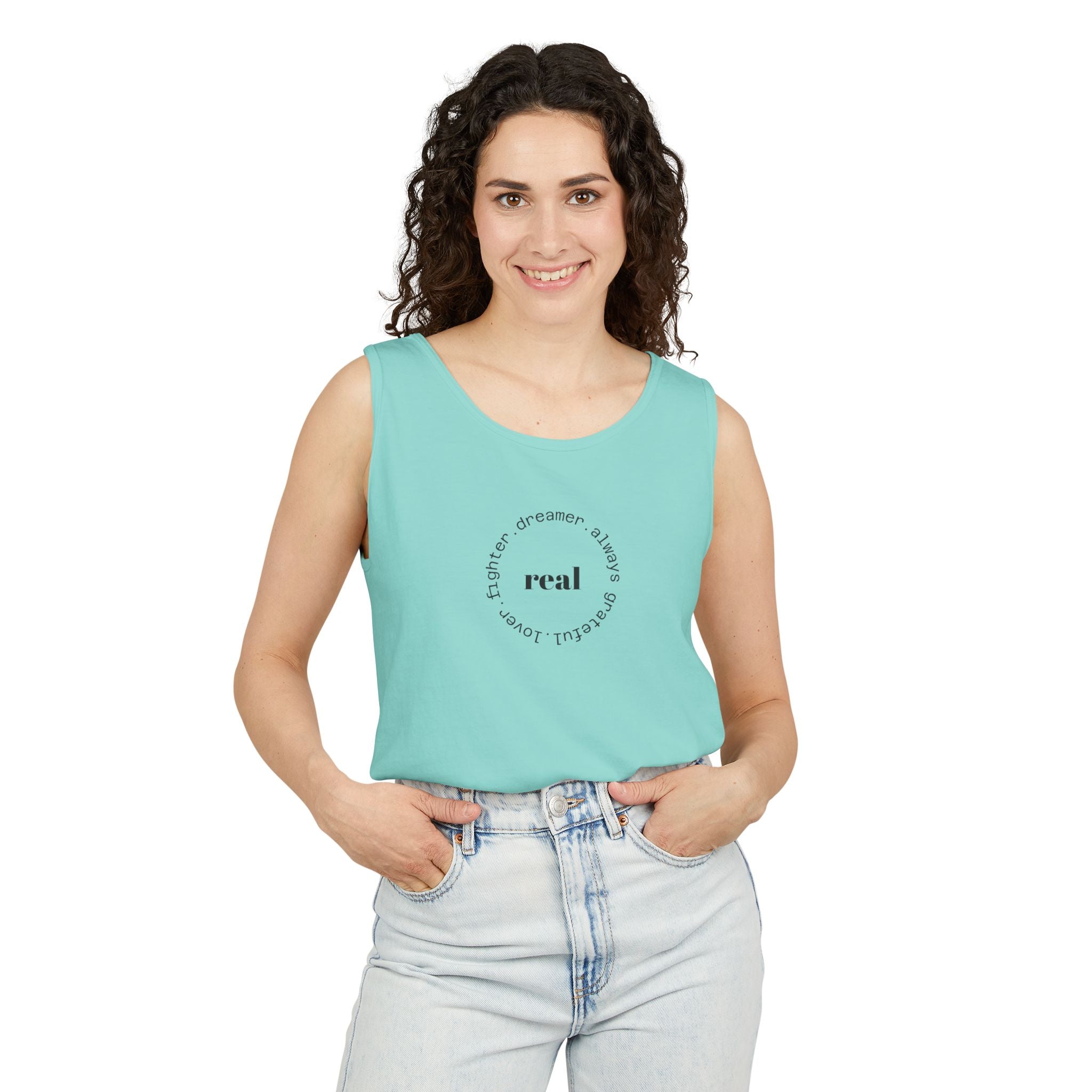Garment-Dyed Tank Top with 'Real' Design, Summer Wear, Casual Shirt, Holiday Gift, Layering Essential, Positive Vibes