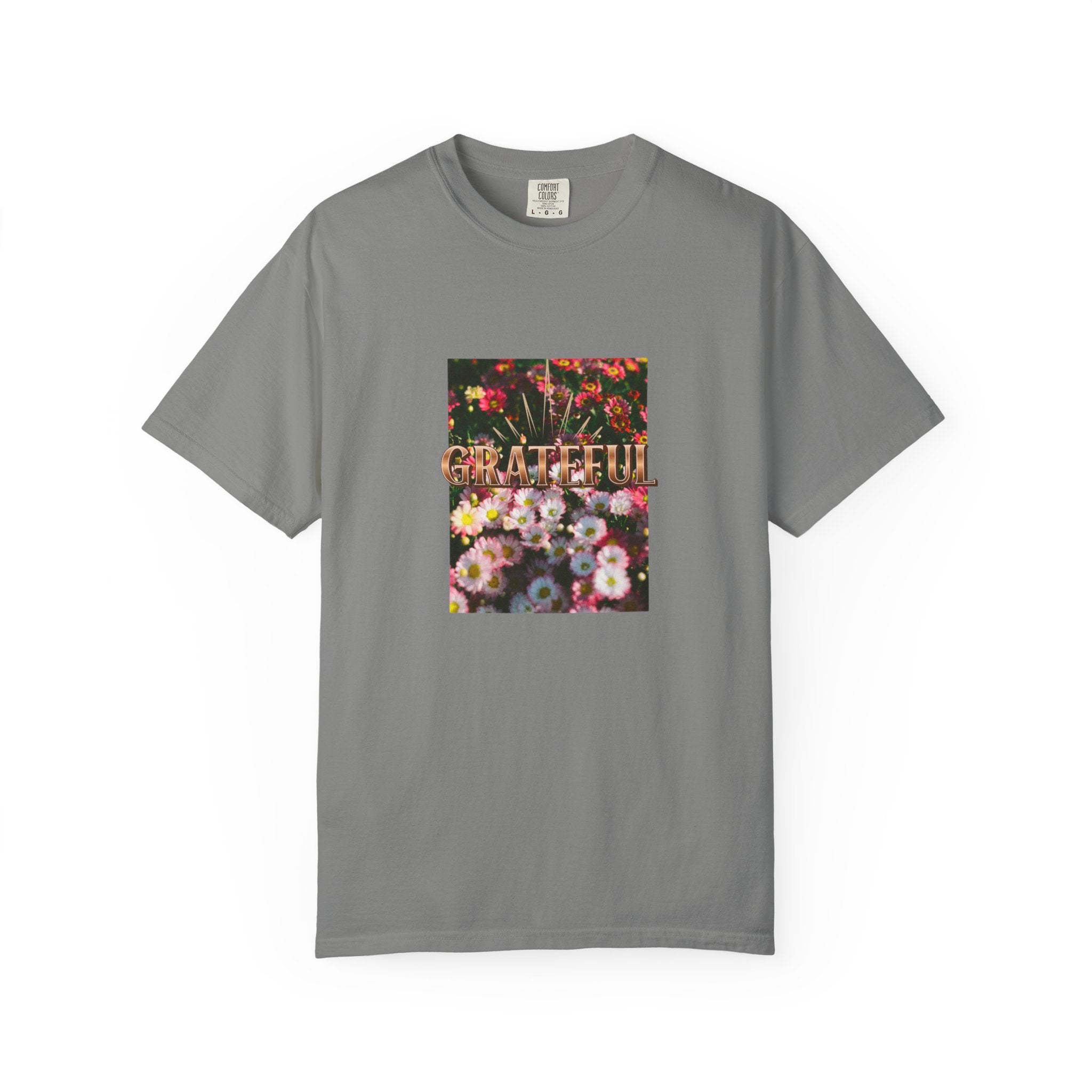 Unisex Garment-Dyed T-shirt with 'Grateful' Floral Design, Casual Gift, Boho Style, Birthday Wear, Positive Vibes