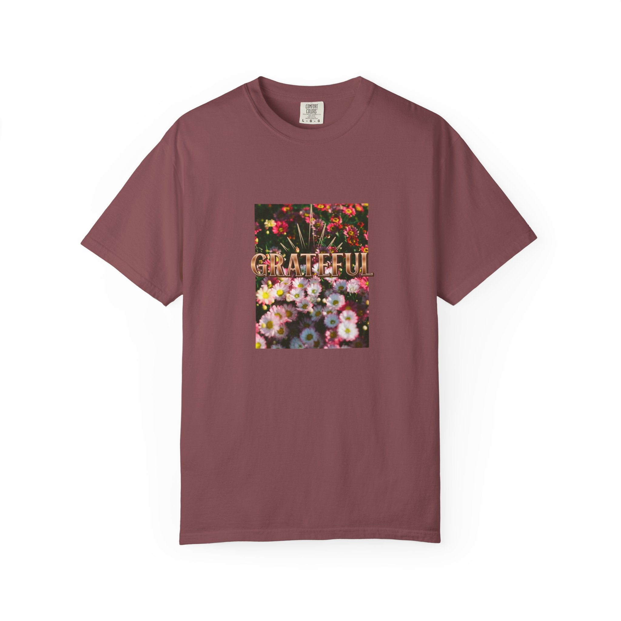 Unisex Garment-Dyed T-shirt with 'Grateful' Floral Design, Casual Gift, Boho Style, Birthday Wear, Positive Vibes