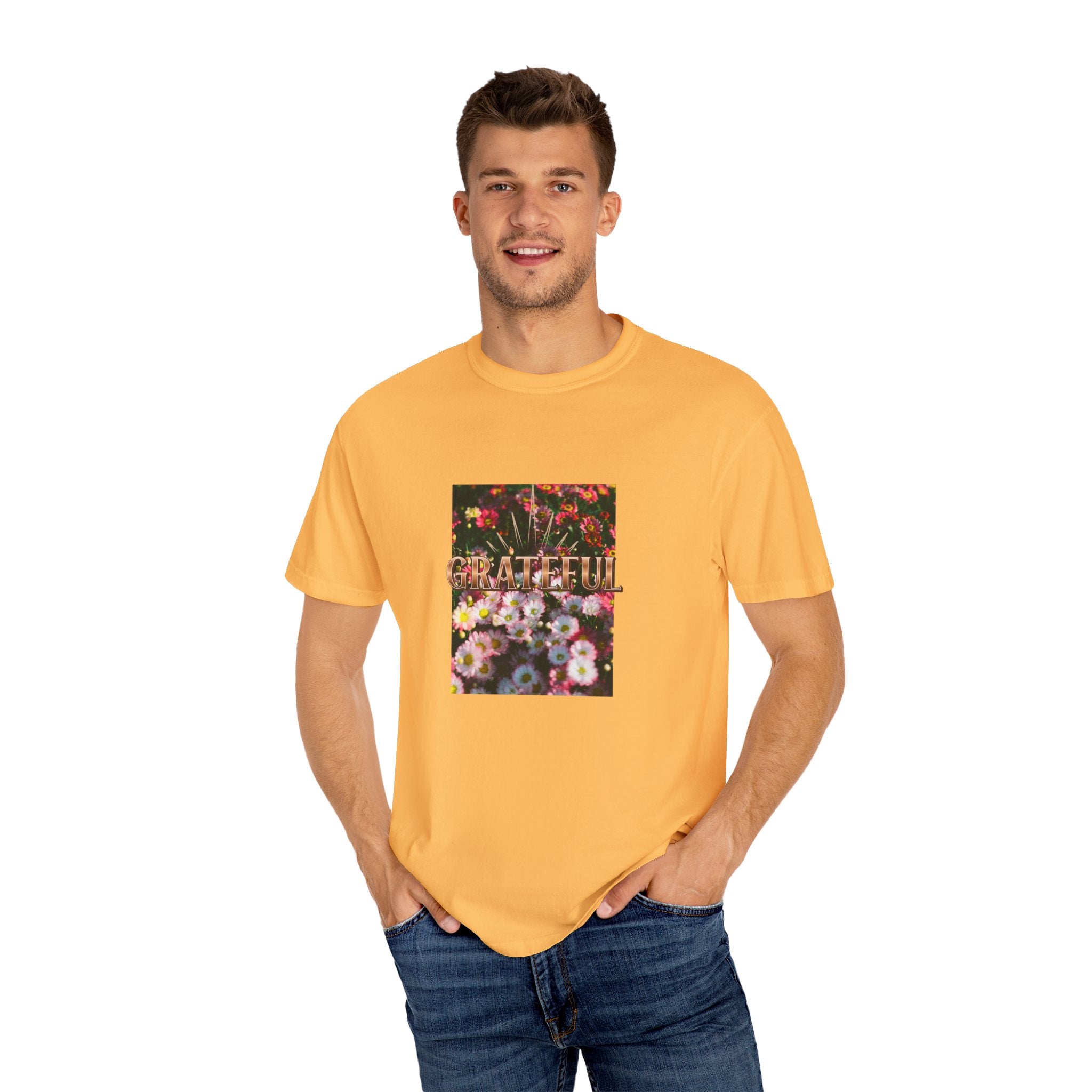 Unisex Garment-Dyed T-shirt with 'Grateful' Floral Design, Casual Gift, Boho Style, Birthday Wear, Positive Vibes
