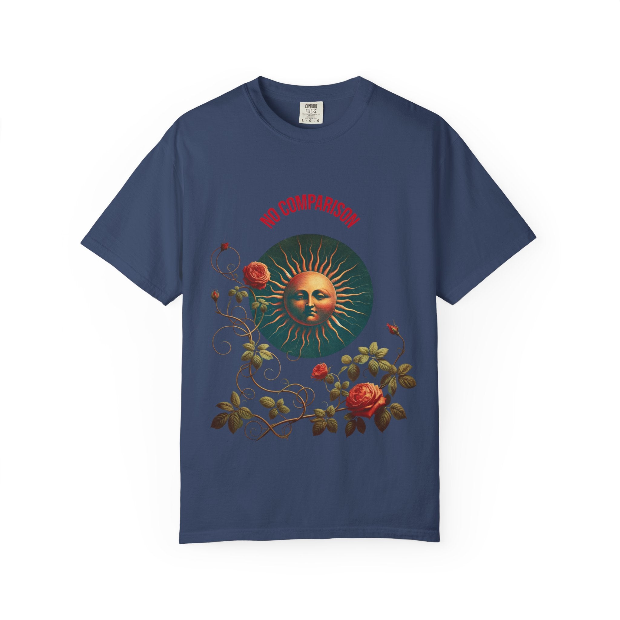 Garment-Dyed T-Shirt with Sun and Roses Design, Boho Tee, Vintage Style, Gift for Her, Casual Wear, Summer Fashion