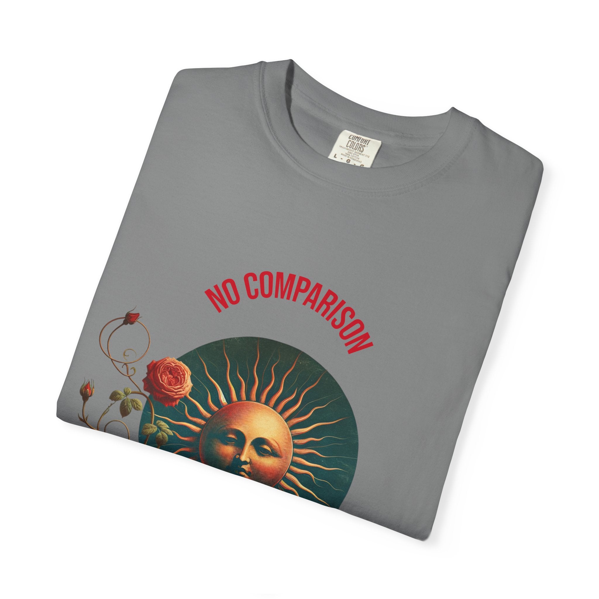 Garment-Dyed T-Shirt with Sun and Roses Design, Boho Tee, Vintage Style, Gift for Her, Casual Wear, Summer Fashion