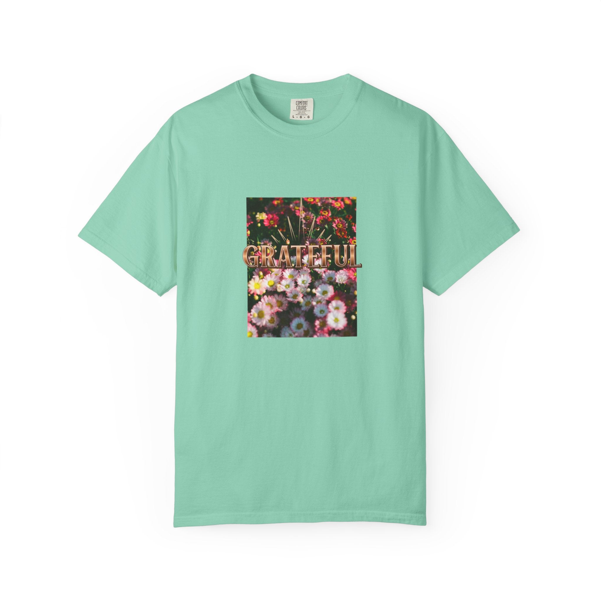 Unisex Garment-Dyed T-shirt with 'Grateful' Floral Design, Casual Gift, Boho Style, Birthday Wear, Positive Vibes