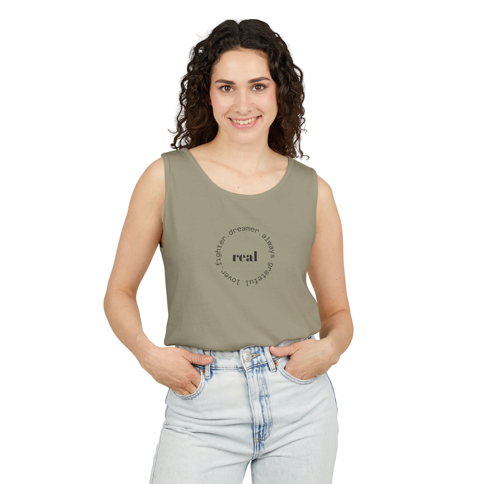 Garment-Dyed Tank Top with 'Real' Design, Summer Wear, Casual Shirt, Holiday Gift, Layering Essential, Positive Vibes