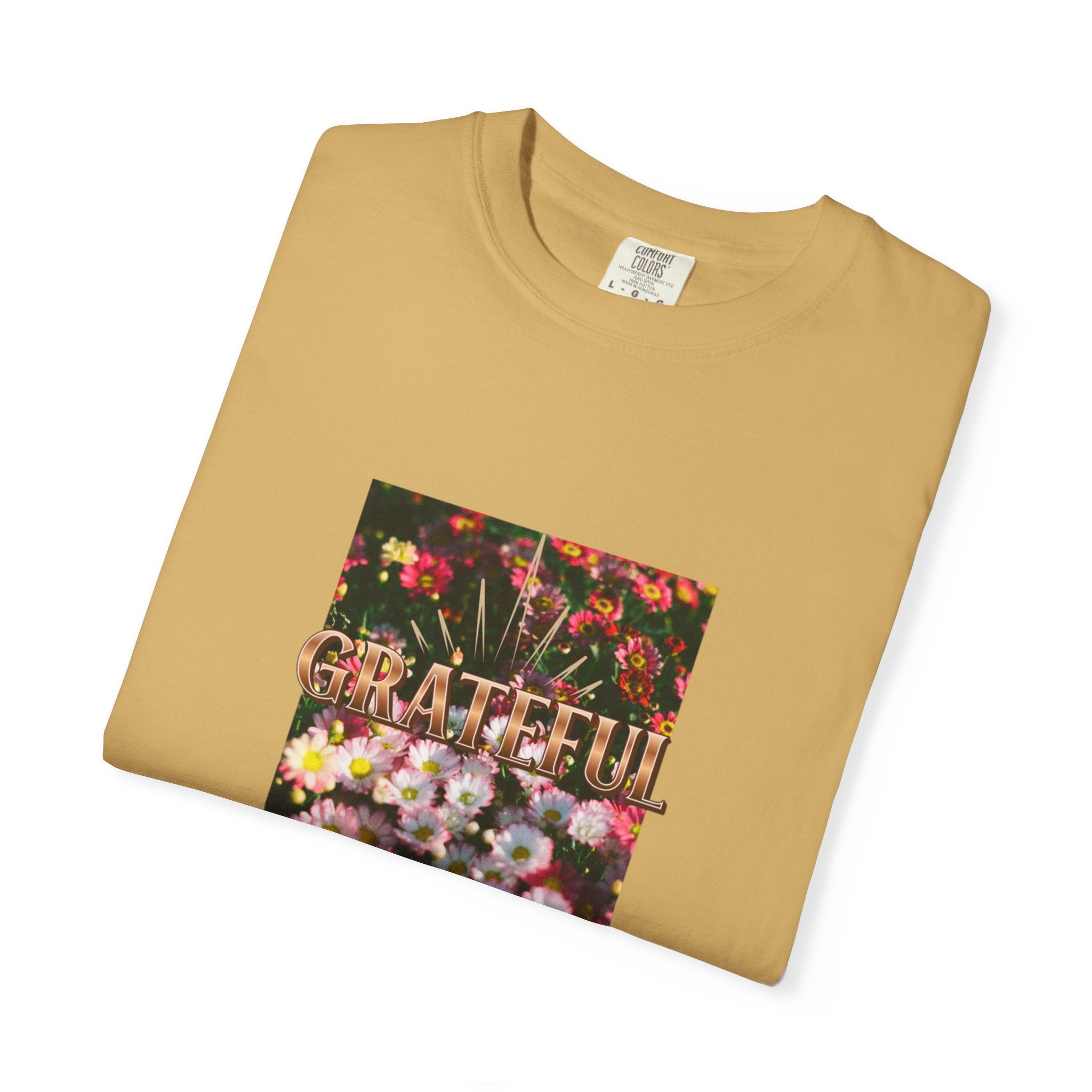 Unisex Garment-Dyed T-shirt with 'Grateful' Floral Design, Casual Gift, Boho Style, Birthday Wear, Positive Vibes