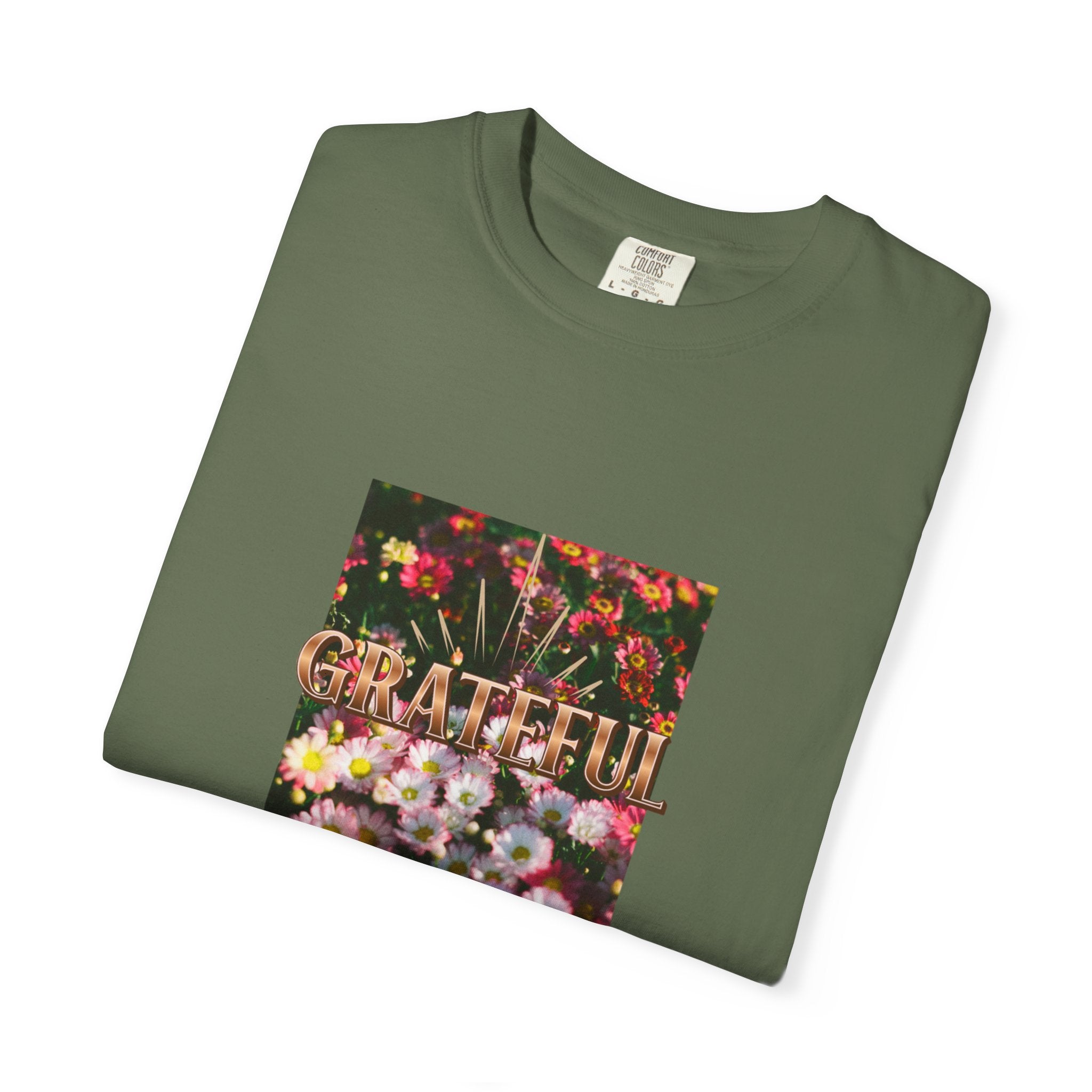 Unisex Garment-Dyed T-shirt with 'Grateful' Floral Design, Casual Gift, Boho Style, Birthday Wear, Positive Vibes
