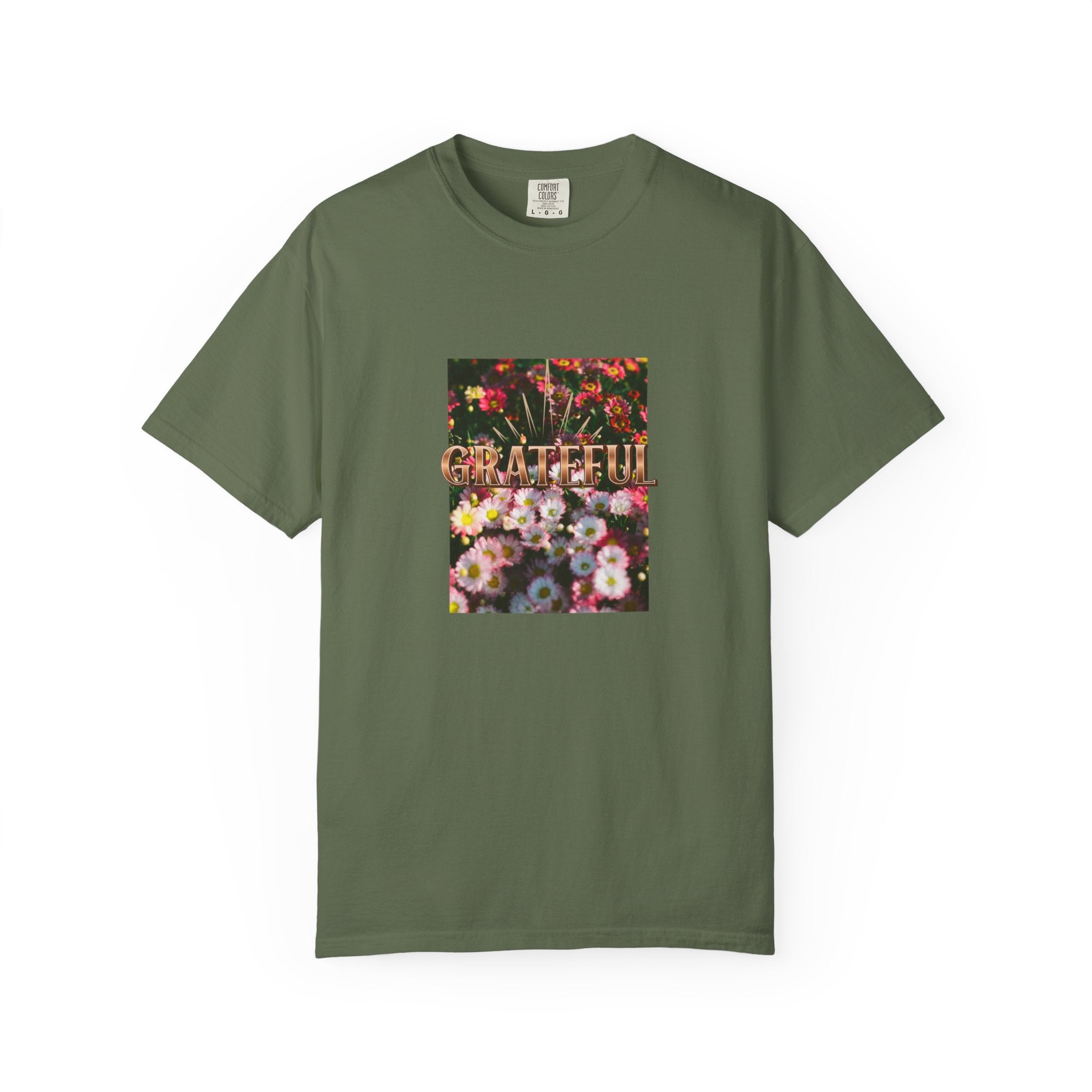 Unisex Garment-Dyed T-shirt with 'Grateful' Floral Design, Casual Gift, Boho Style, Birthday Wear, Positive Vibes