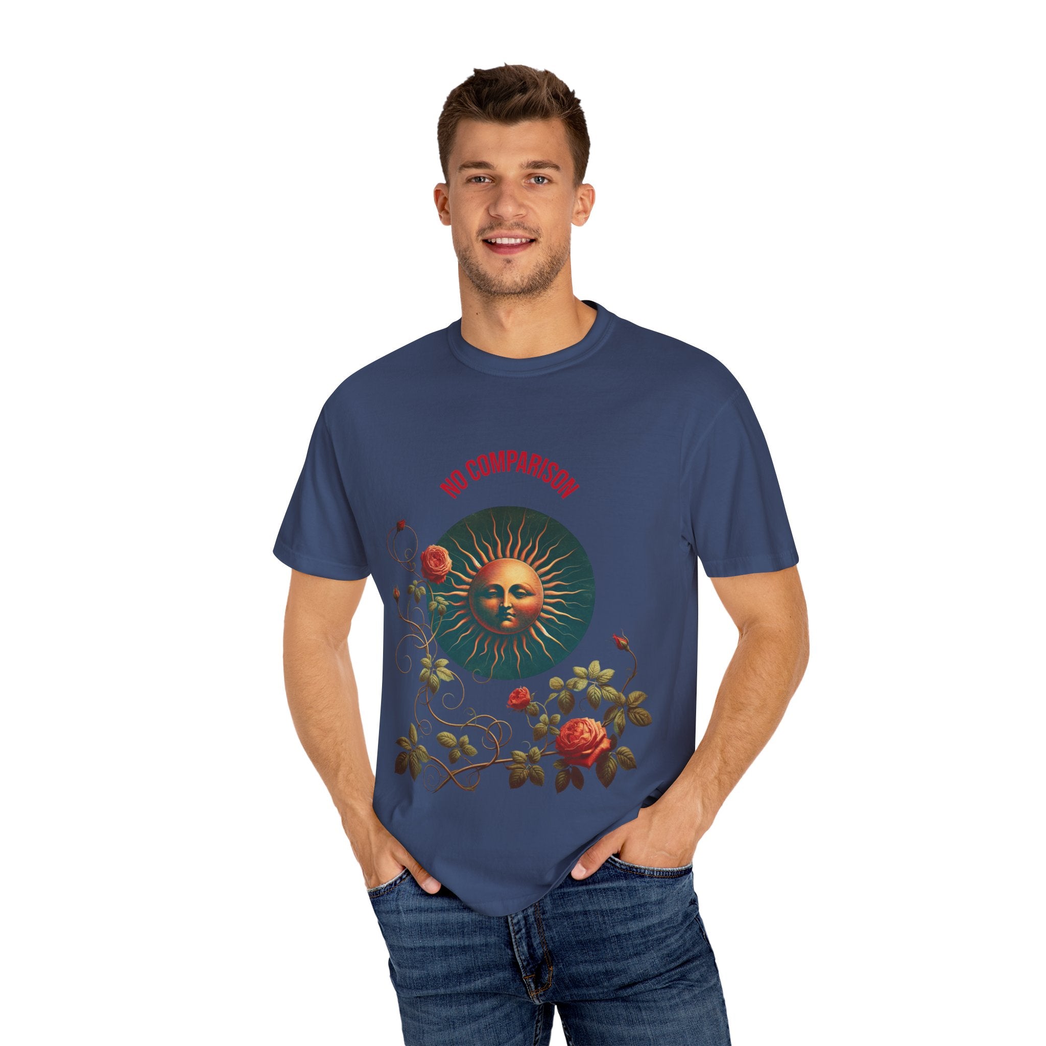 Garment-Dyed T-Shirt with Sun and Roses Design, Boho Tee, Vintage Style, Gift for Her, Casual Wear, Summer Fashion