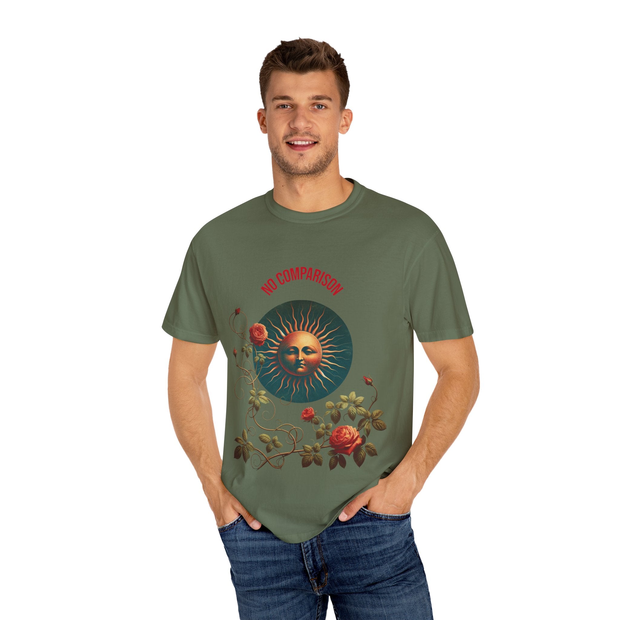 Garment-Dyed T-Shirt with Sun and Roses Design, Boho Tee, Vintage Style, Gift for Her, Casual Wear, Summer Fashion