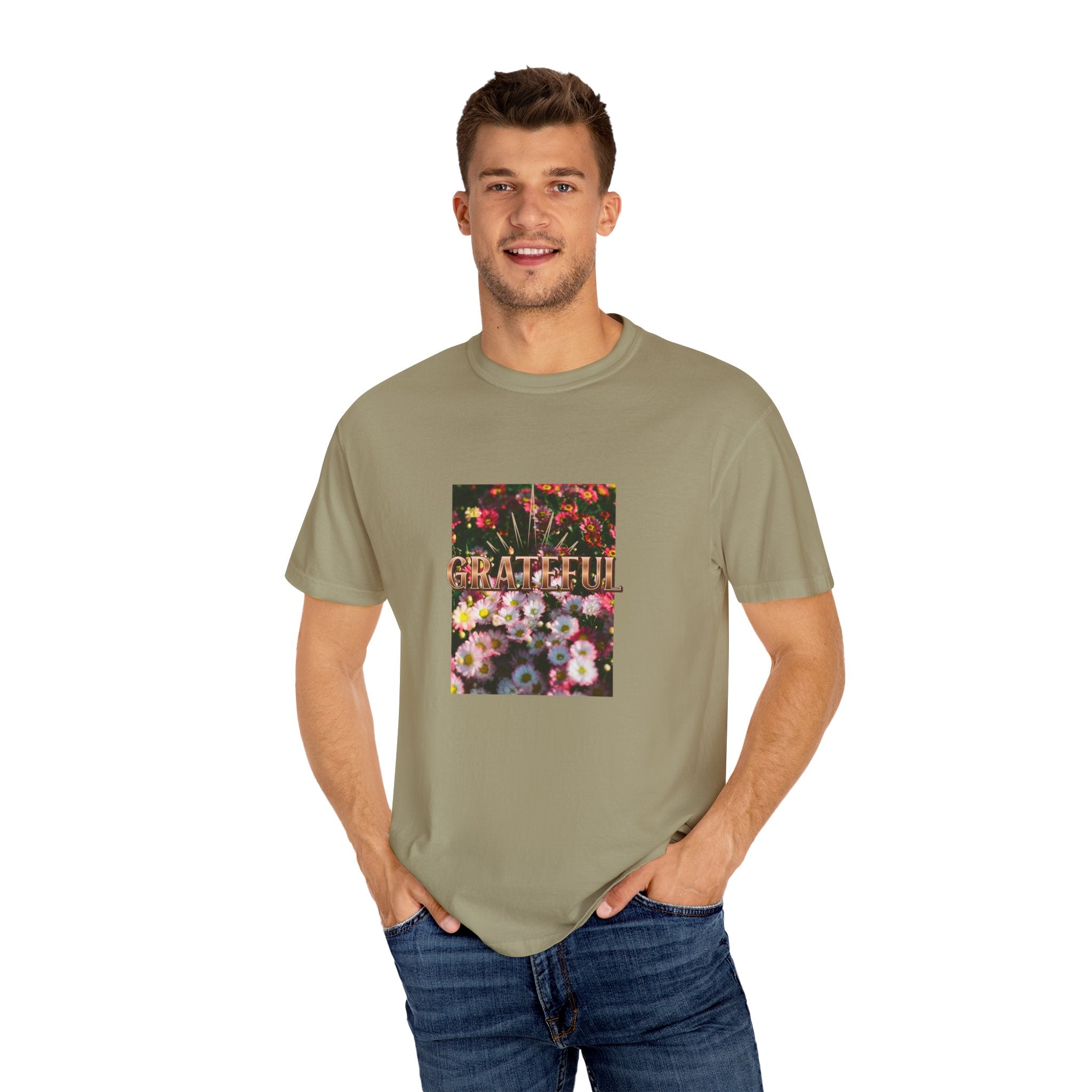 Unisex Garment-Dyed T-shirt with 'Grateful' Floral Design, Casual Gift, Boho Style, Birthday Wear, Positive Vibes