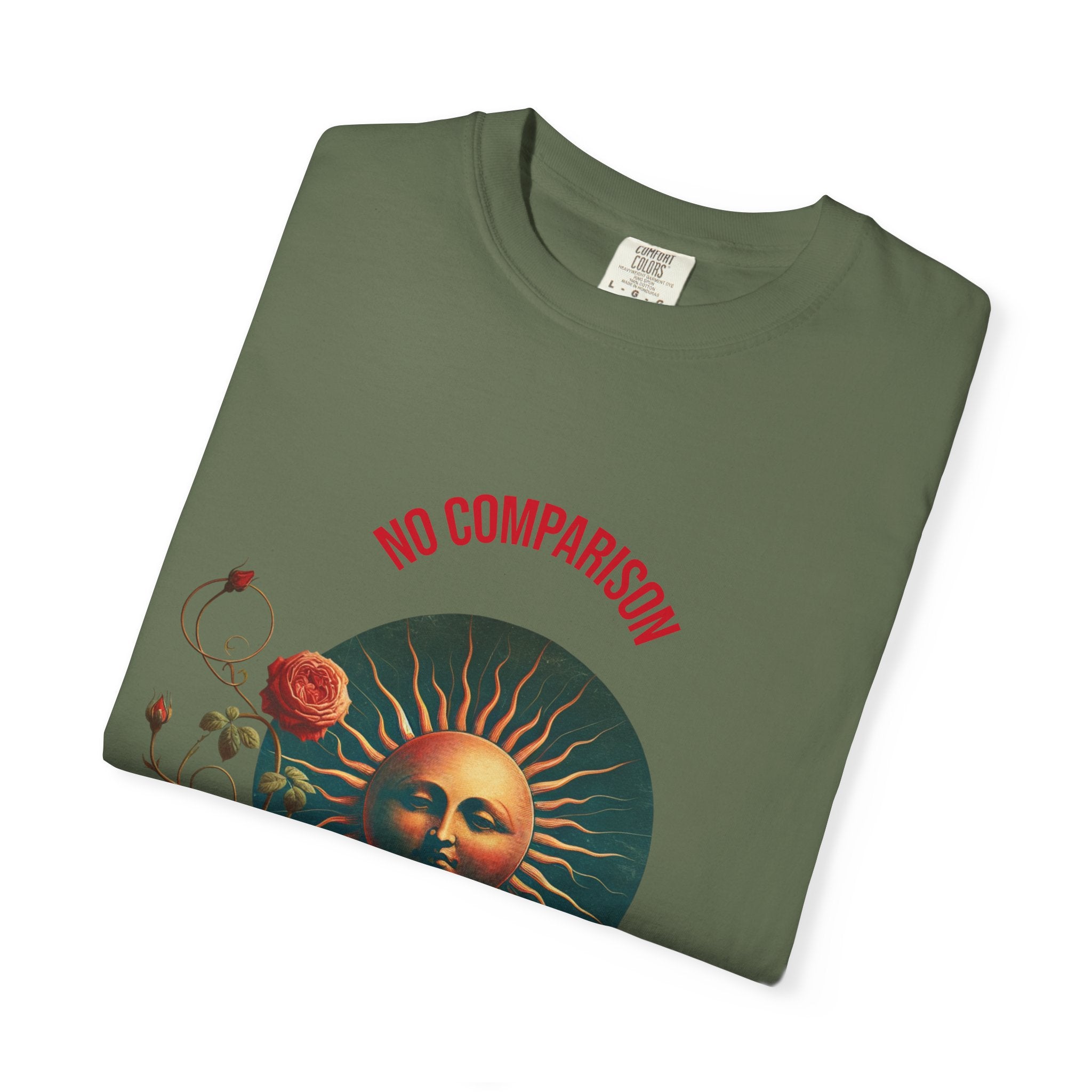 Garment-Dyed T-Shirt with Sun and Roses Design, Boho Tee, Vintage Style, Gift for Her, Casual Wear, Summer Fashion