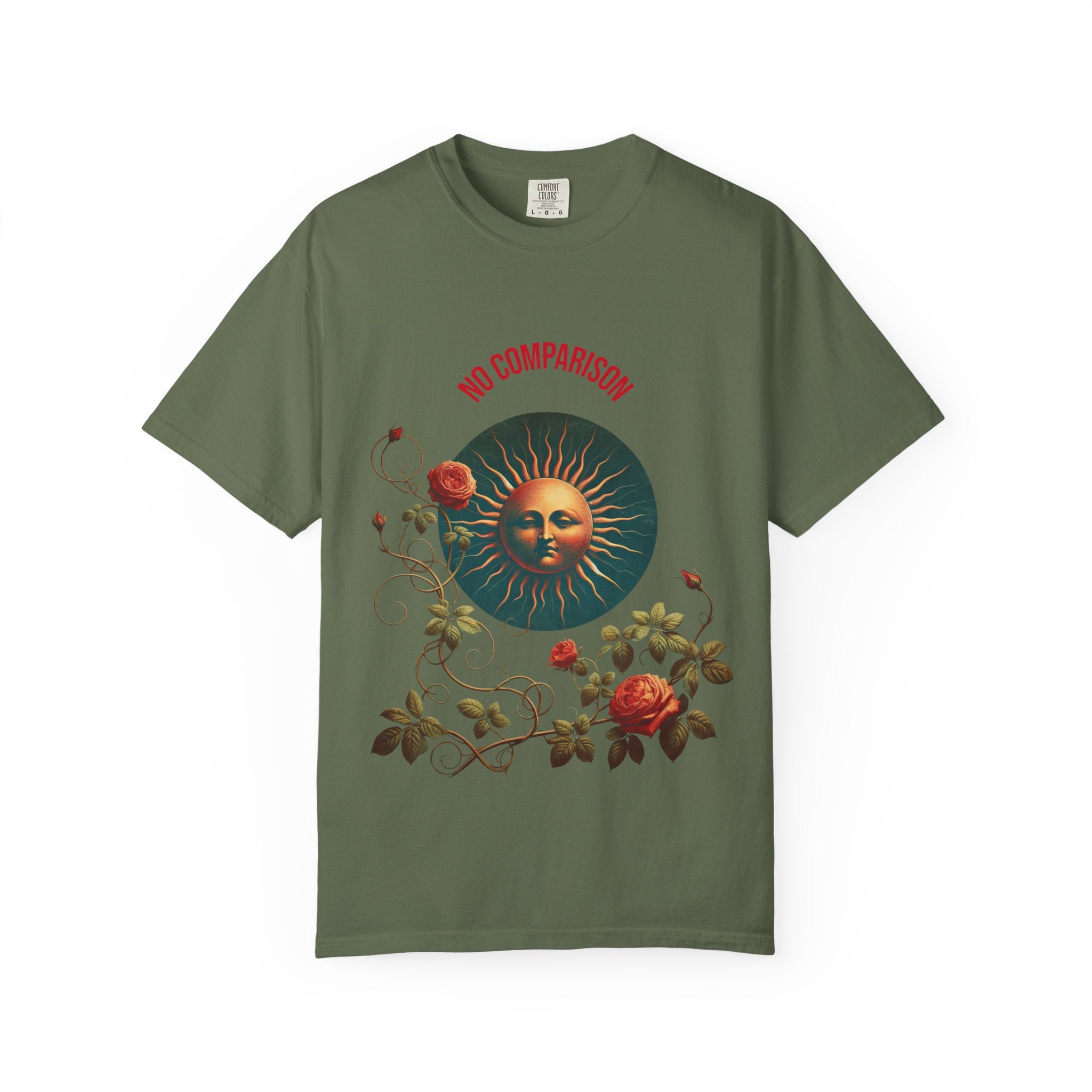Garment-Dyed T-Shirt with Sun and Roses Design, Boho Tee, Vintage Style, Gift for Her, Casual Wear, Summer Fashion