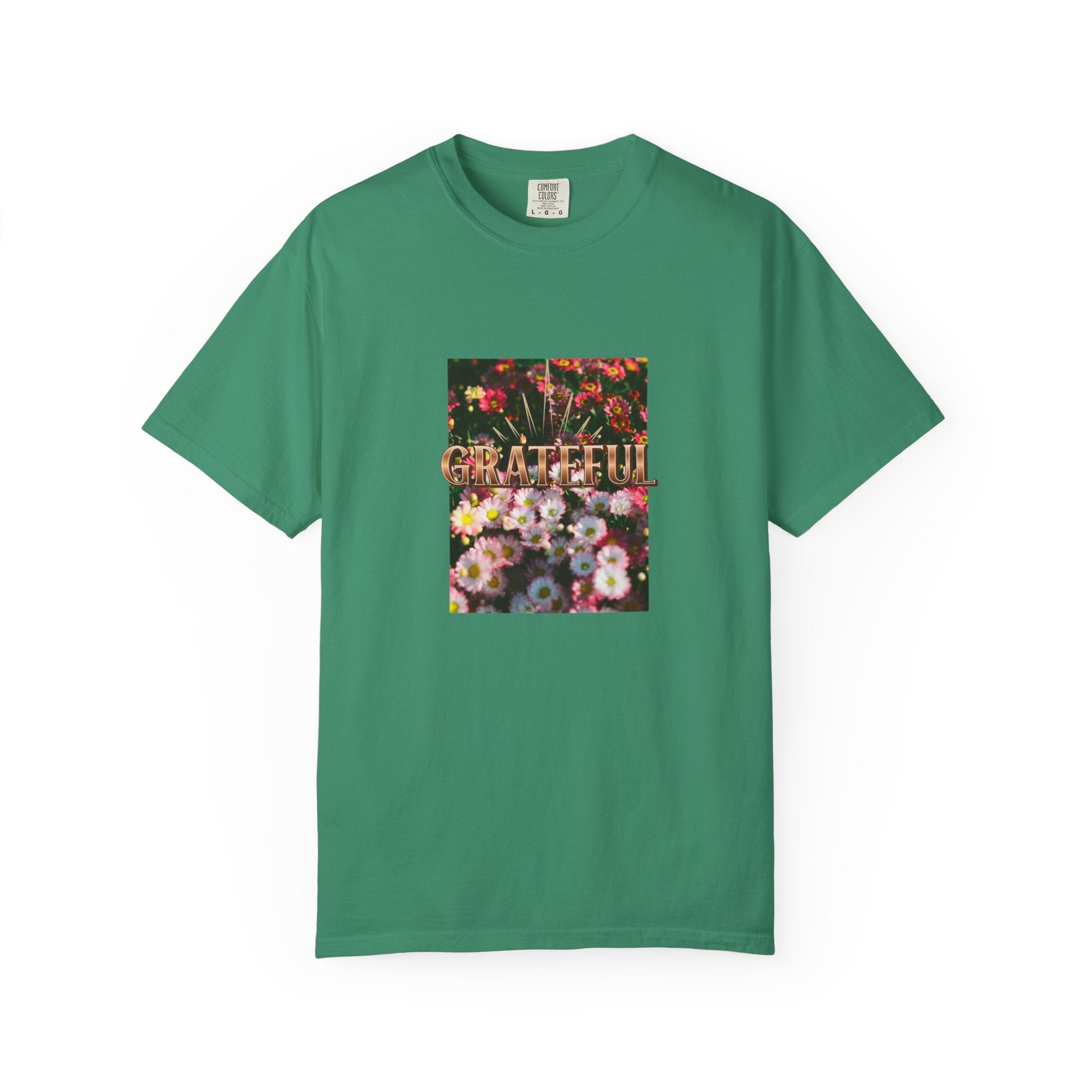 Unisex Garment-Dyed T-shirt with 'Grateful' Floral Design, Casual Gift, Boho Style, Birthday Wear, Positive Vibes