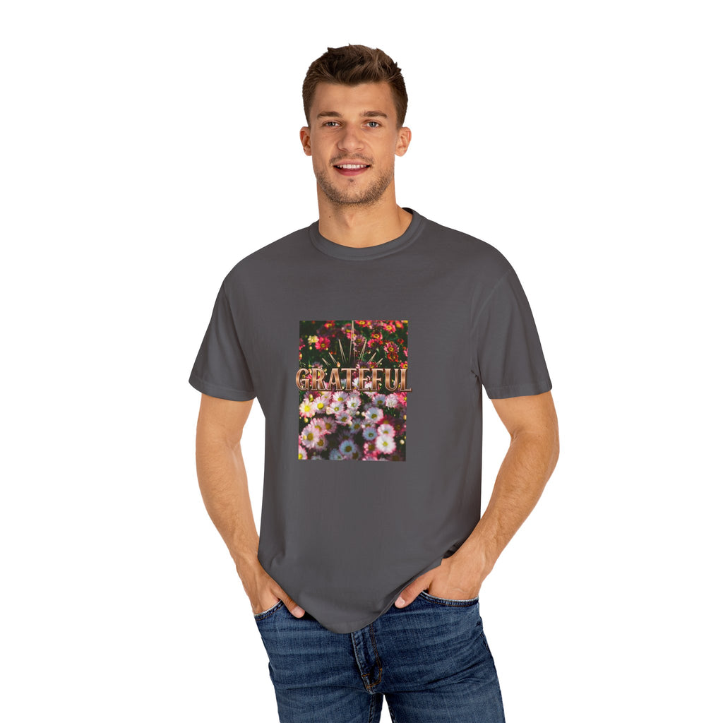 Unisex Garment-Dyed T-shirt with 'Grateful' Floral Design, Casual Gift, Boho Style, Birthday Wear, Positive Vibes