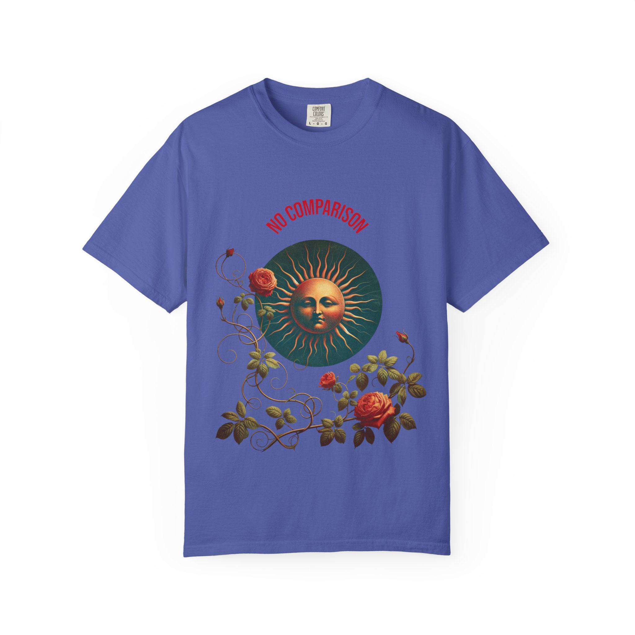 Garment-Dyed T-Shirt with Sun and Roses Design, Boho Tee, Vintage Style, Gift for Her, Casual Wear, Summer Fashion