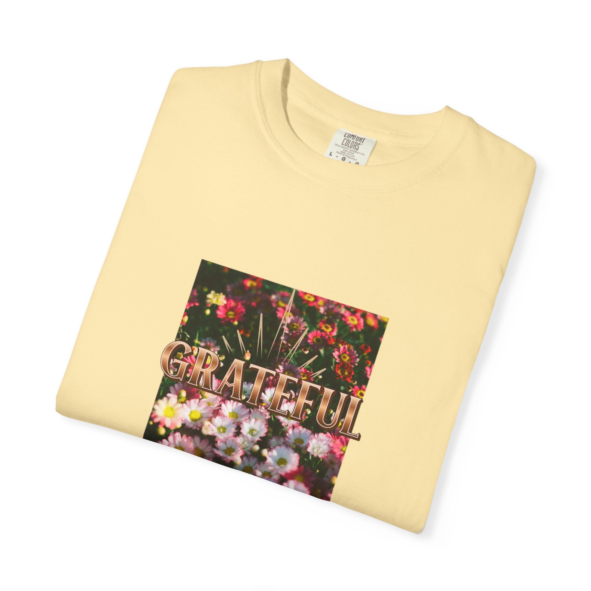 Unisex Garment-Dyed T-shirt with 'Grateful' Floral Design, Casual Gift, Boho Style, Birthday Wear, Positive Vibes