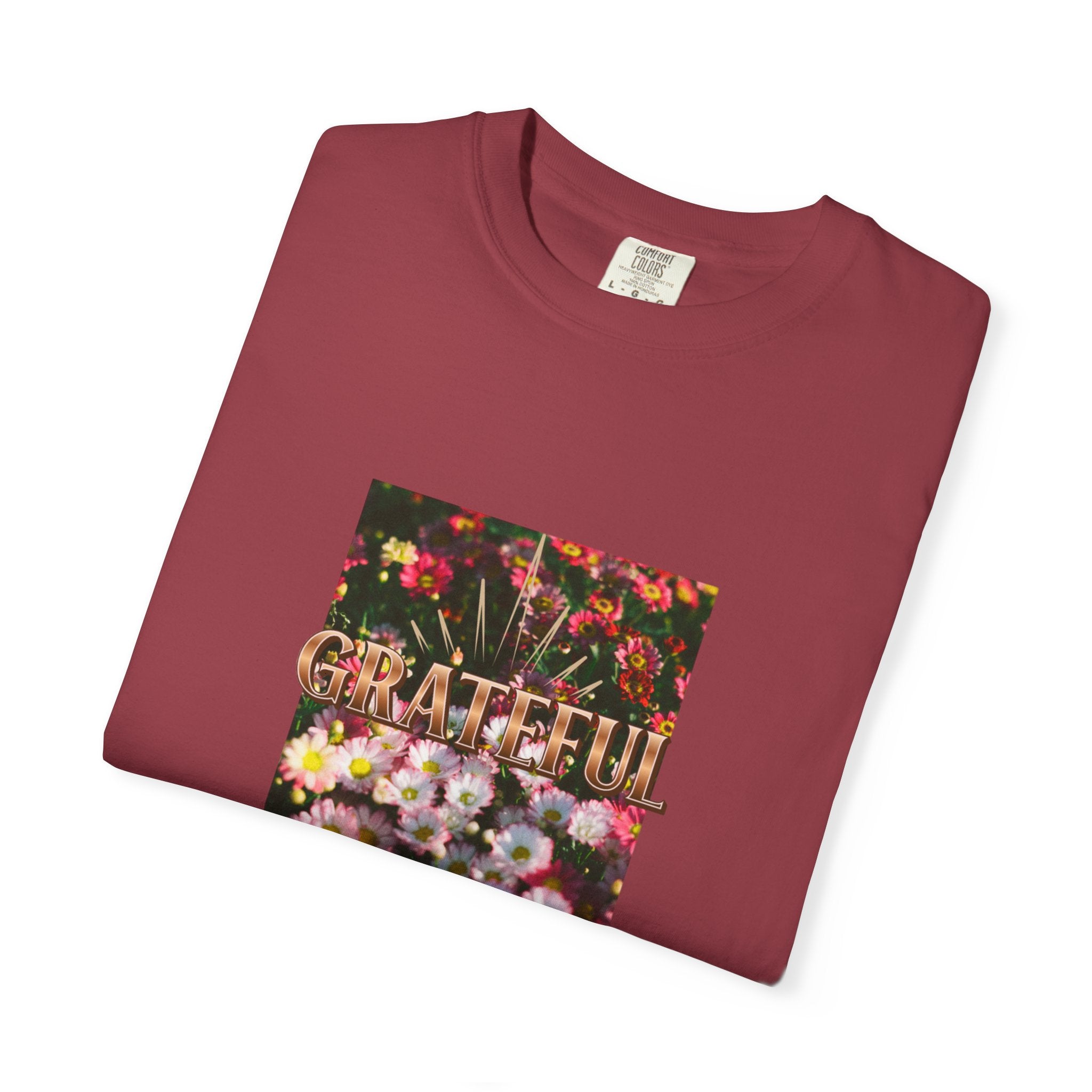 Unisex Garment-Dyed T-shirt with 'Grateful' Floral Design, Casual Gift, Boho Style, Birthday Wear, Positive Vibes