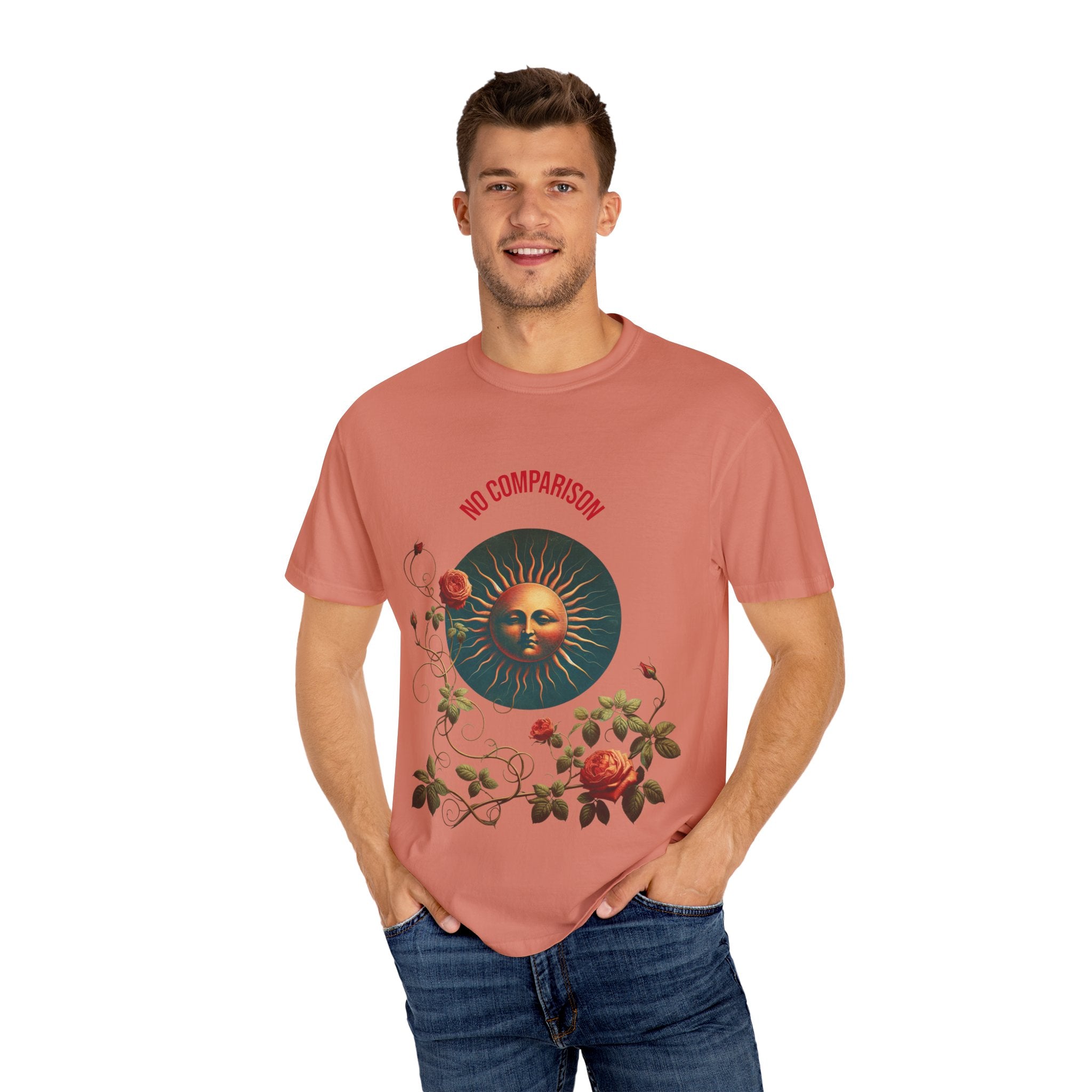 Garment-Dyed T-Shirt with Sun and Roses Design, Boho Tee, Vintage Style, Gift for Her, Casual Wear, Summer Fashion