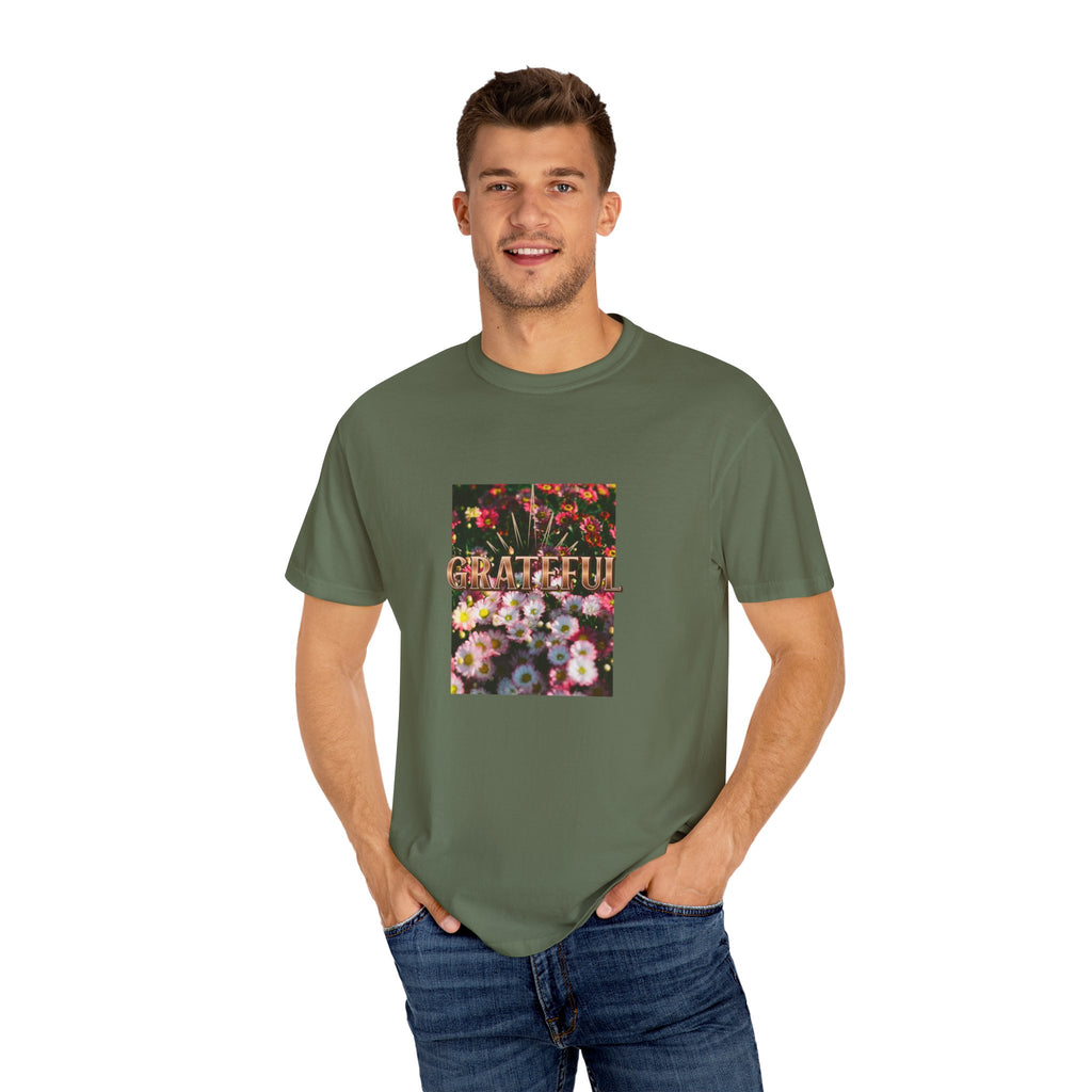 Unisex Garment-Dyed T-shirt with 'Grateful' Floral Design, Casual Gift, Boho Style, Birthday Wear, Positive Vibes