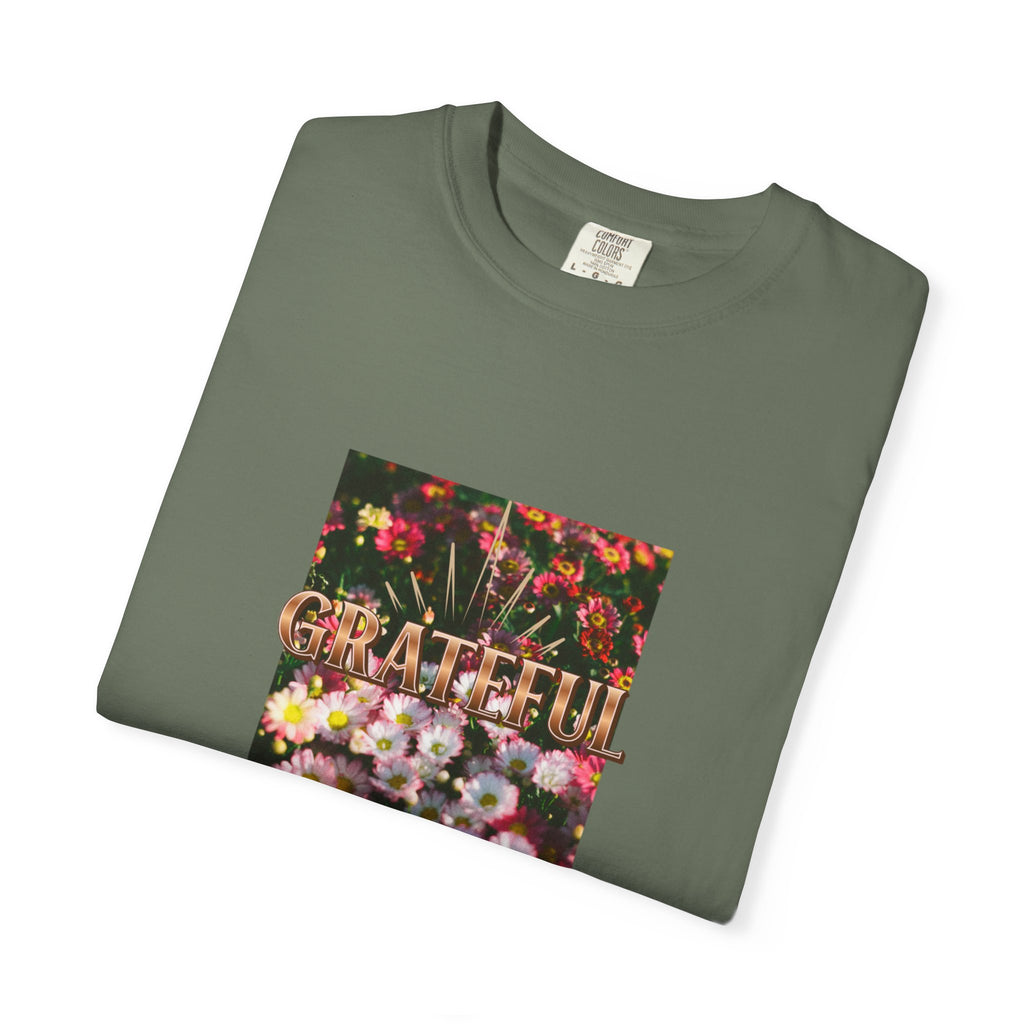 Unisex Garment-Dyed T-shirt with 'Grateful' Floral Design, Casual Gift, Boho Style, Birthday Wear, Positive Vibes