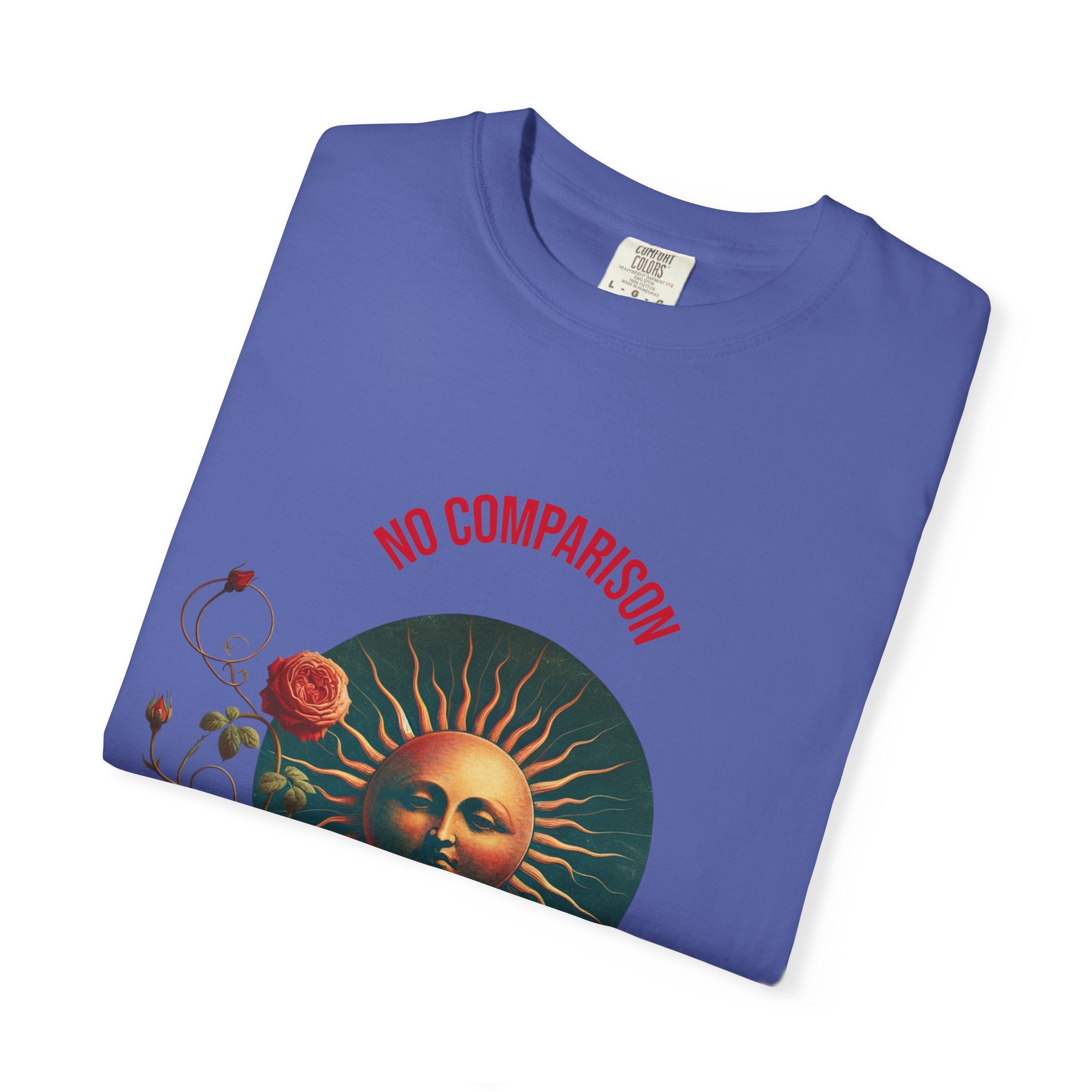 Garment-Dyed T-Shirt with Sun and Roses Design, Boho Tee, Vintage Style, Gift for Her, Casual Wear, Summer Fashion