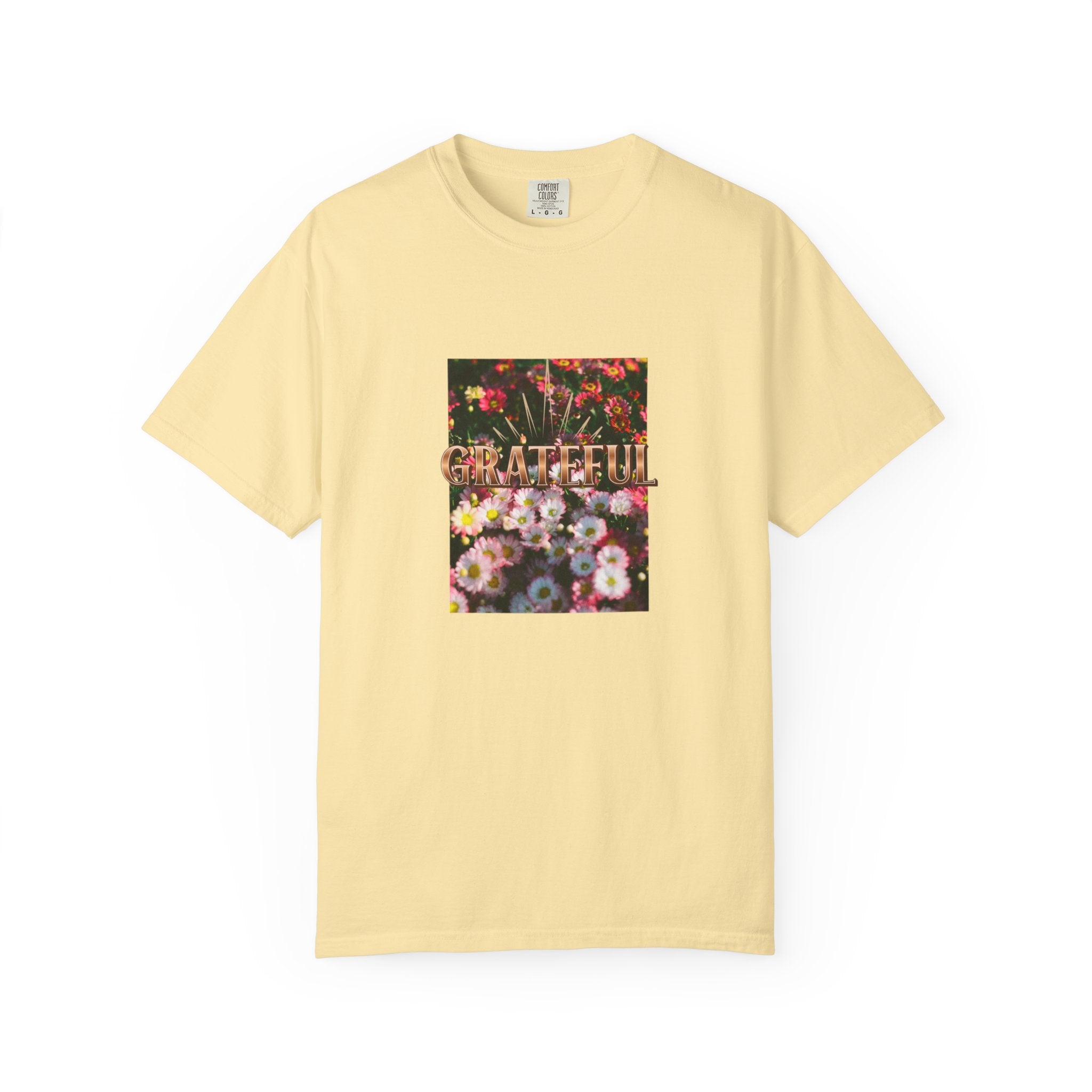 Unisex Garment-Dyed T-shirt with 'Grateful' Floral Design, Casual Gift, Boho Style, Birthday Wear, Positive Vibes