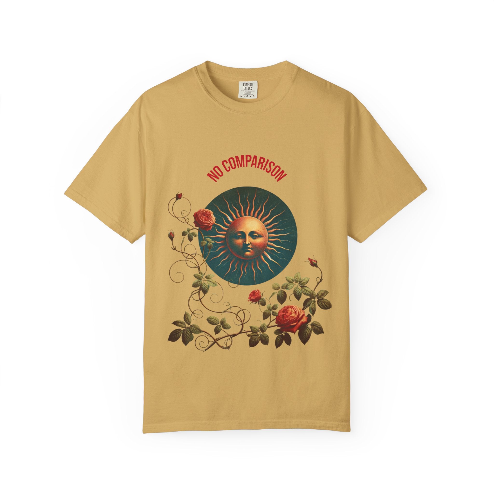 Garment-Dyed T-Shirt with Sun and Roses Design, Boho Tee, Vintage Style, Gift for Her, Casual Wear, Summer Fashion